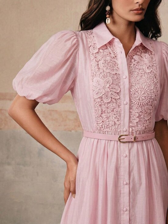 Dresses & Skirts - Pink Elegant Women's Floral Patchwork Ruffle Hem Midi Dress